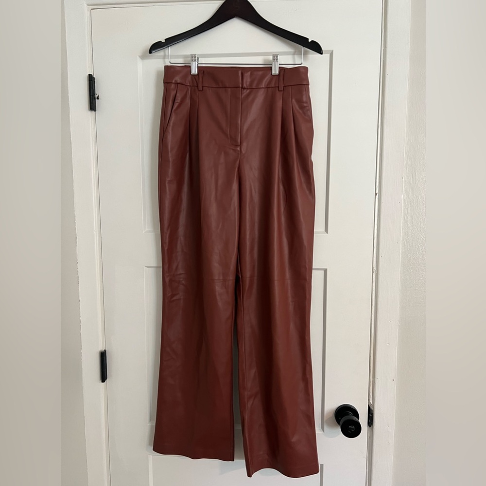 NWT House of Harlow 1960 Brown Faux Leather  Straight Leg Trousers Sz 8